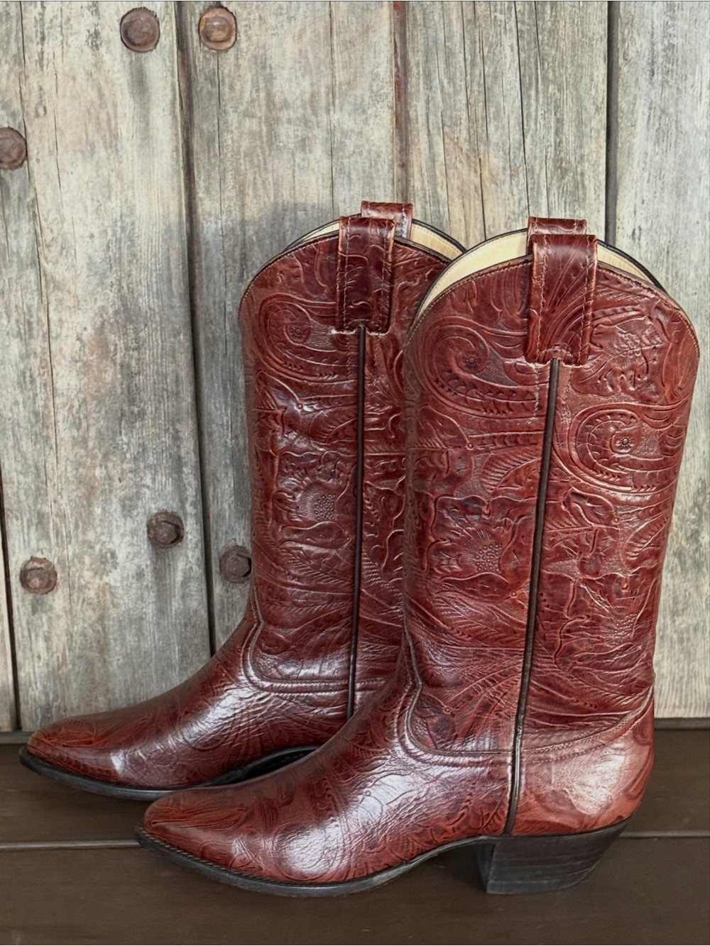 Vintage Larry Mahan Hand Tooled Embossed Mahogany Leather Women's Cowboy Boots